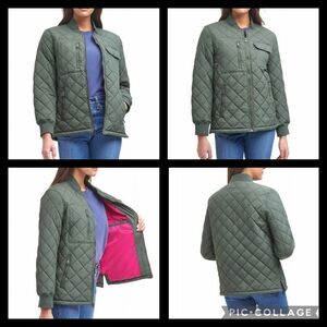 Levi's Womens Olive Green Quilted Bomber Jacket Pink Lining Casual Lightweight M